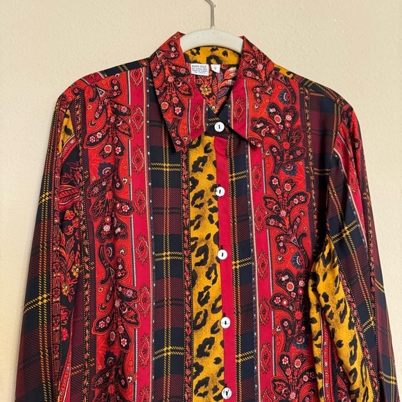 Vintage Silk Blouse Cheetah Floral Animal Print Size 8 MADE KOREA - Picture 4 of 15
